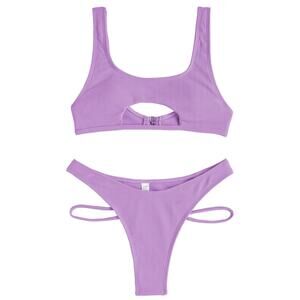 Womans 2 Piece Swimsuit XL Purple Ribbed Cutout Bikini Scoop Neck Strappy Thong